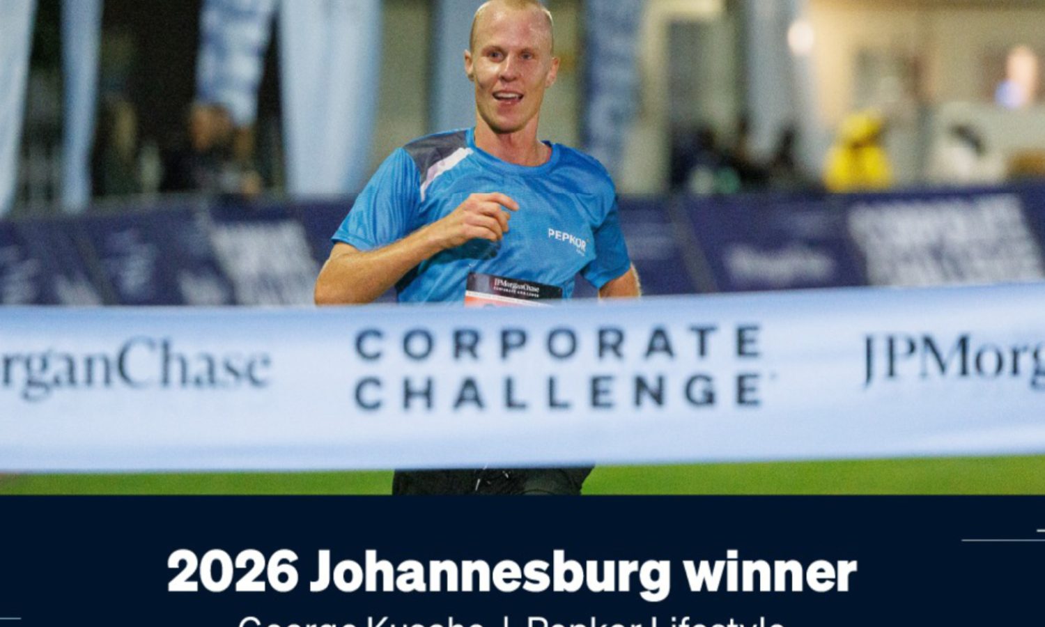 2026 JPMorganChase Corporate Challenge Joburg: men's race winner at the finish